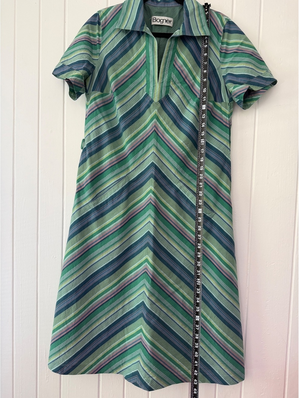 Bogner Striped Short Sleeve Dress Size M Green Blue Cotton Viscose - Picture 3 of 9